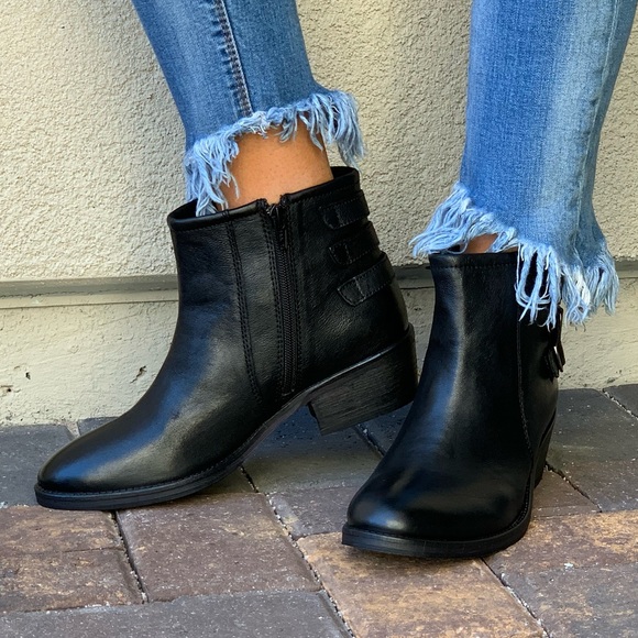 Black Leather Distressed Triple Buckle Ankle Boots - Picture 3 of 8